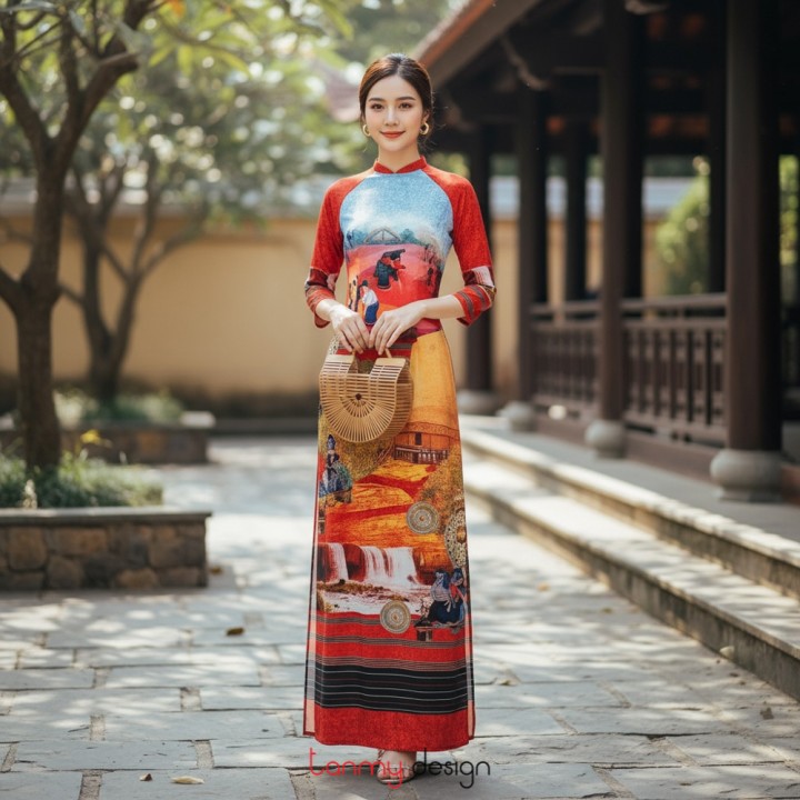 Vietnamese long dress printed with gongs-Style 2